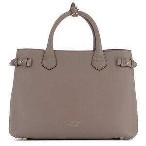 BURBERRY BANNER LEATHER MEDIUM TOTE BAG THISTLE GREY - Authentic